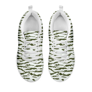 Green And White Tiger Stripe Camo Print White Sneakers