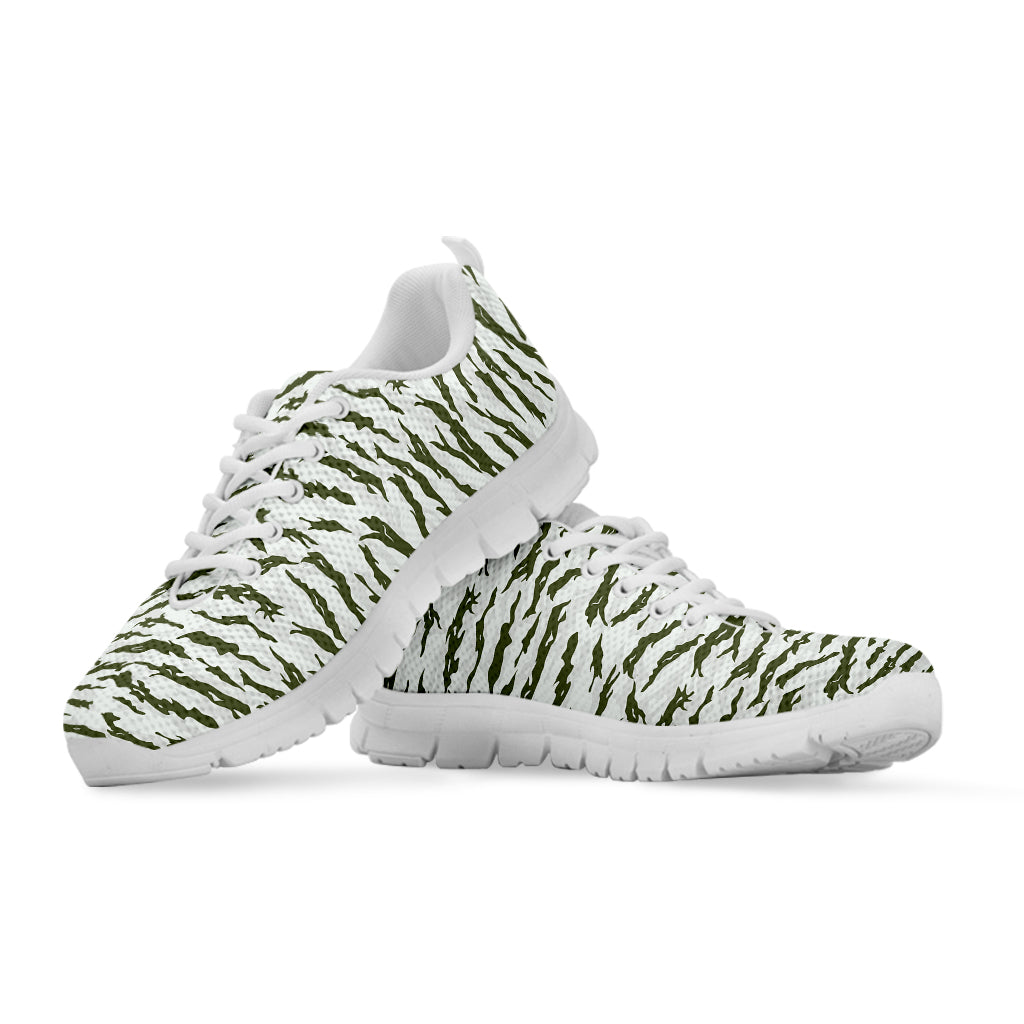 Green And White Tiger Stripe Camo Print White Sneakers
