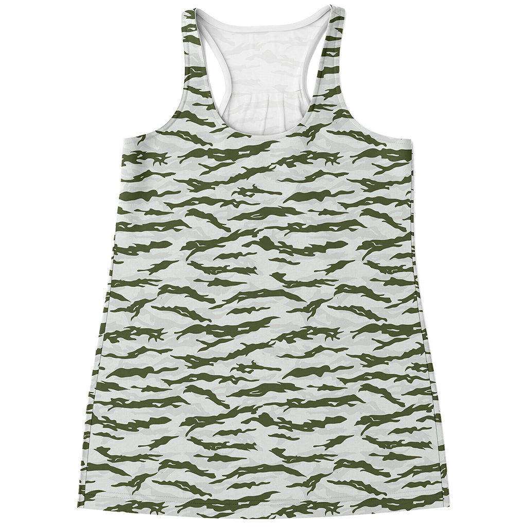 Green And White Tiger Stripe Camo Print Women's Racerback Tank Top