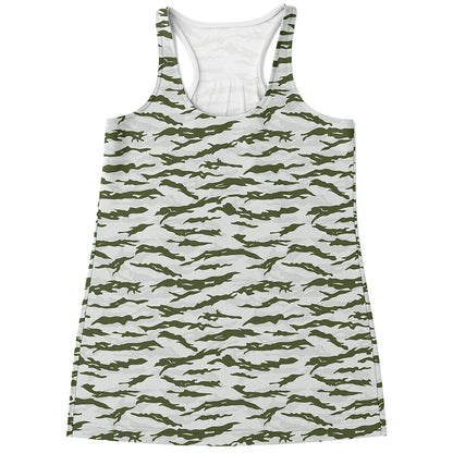 Green And White Tiger Stripe Camo Print Women's Racerback Tank Top