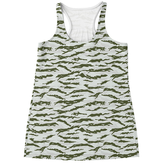 Green And White Tiger Stripe Camo Print Women's Racerback Tank Top