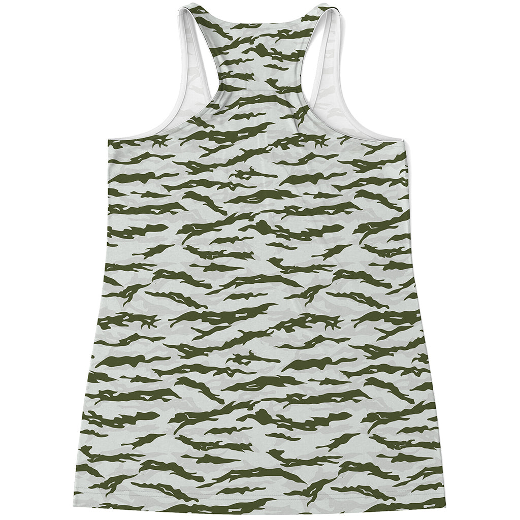Green And White Tiger Stripe Camo Print Women's Racerback Tank Top