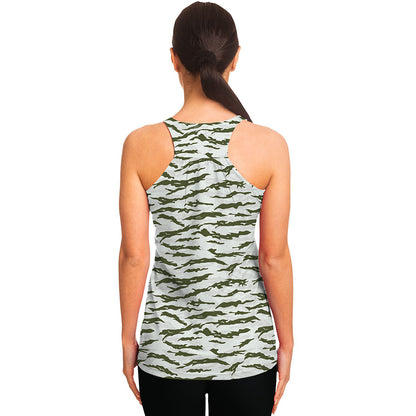 Green And White Tiger Stripe Camo Print Women's Racerback Tank Top