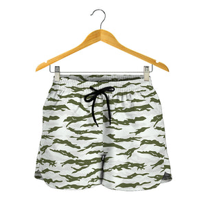 Green And White Tiger Stripe Camo Print Women's Shorts