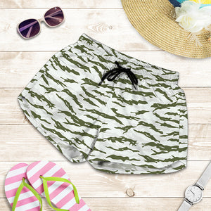 Green And White Tiger Stripe Camo Print Women's Shorts