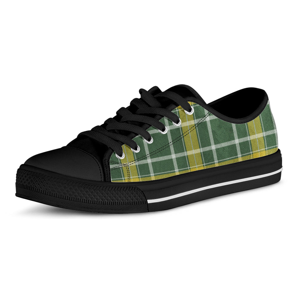 Green And Yellow Stewart Tartan Print Black Low Top Shoes
