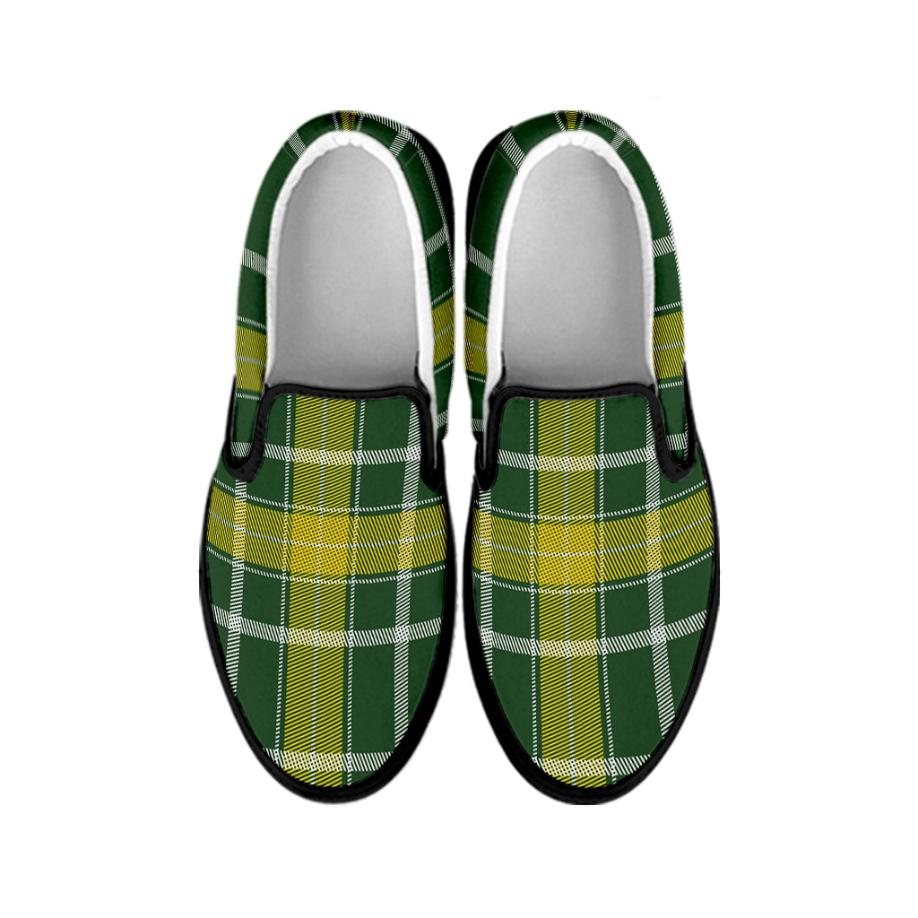 Green And Yellow Stewart Tartan Print Black Slip On Shoes
