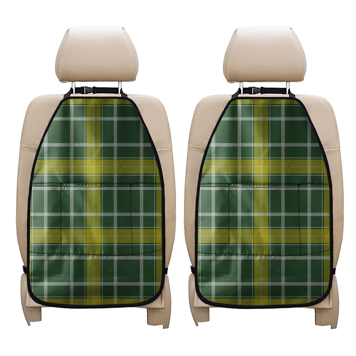 Green And Yellow Stewart Tartan Print Car Seat Organizers