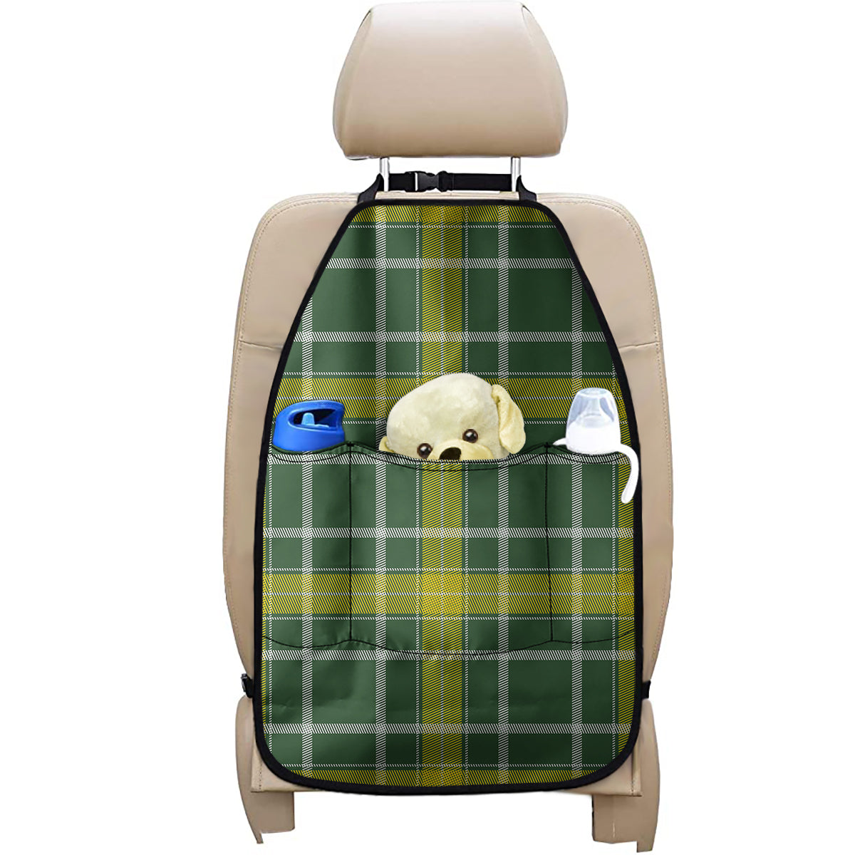 Green And Yellow Stewart Tartan Print Car Seat Organizers