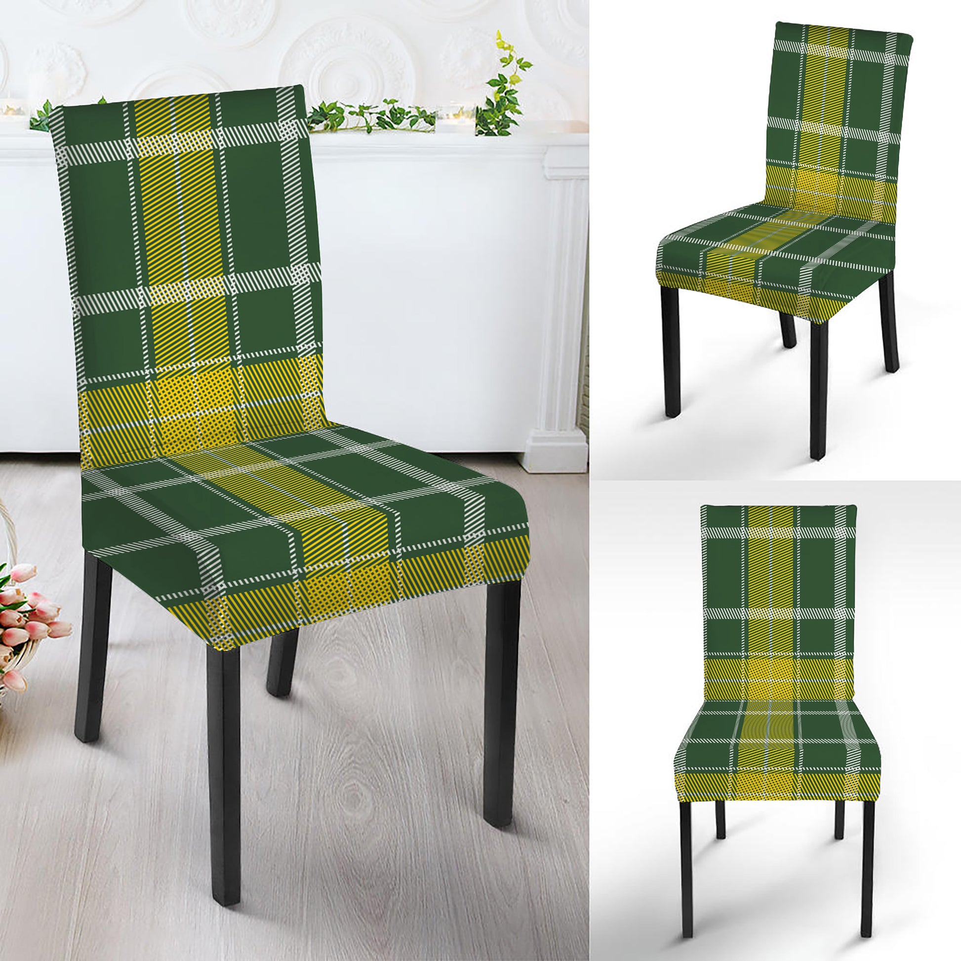 Green And Yellow Stewart Tartan Print Dining Chair Slipcover