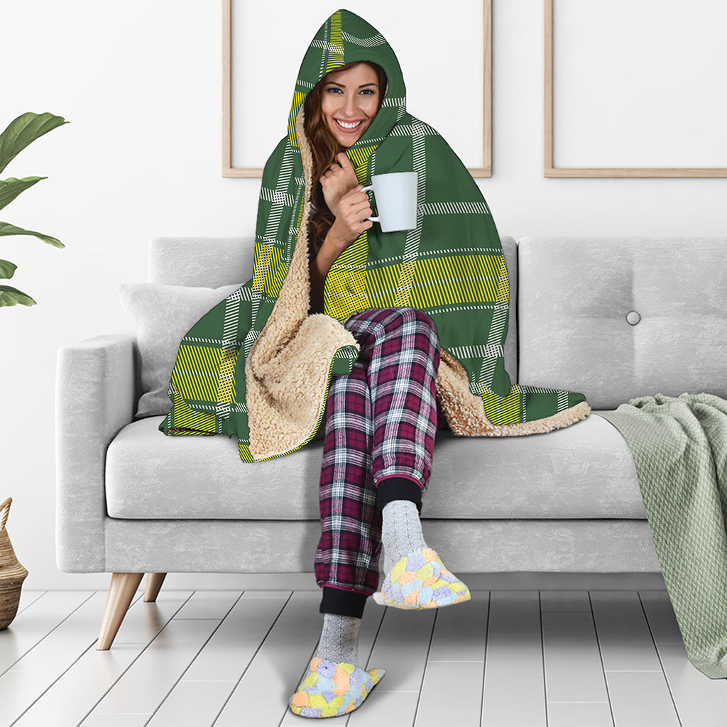 Green And Yellow Stewart Tartan Print Hooded Blanket