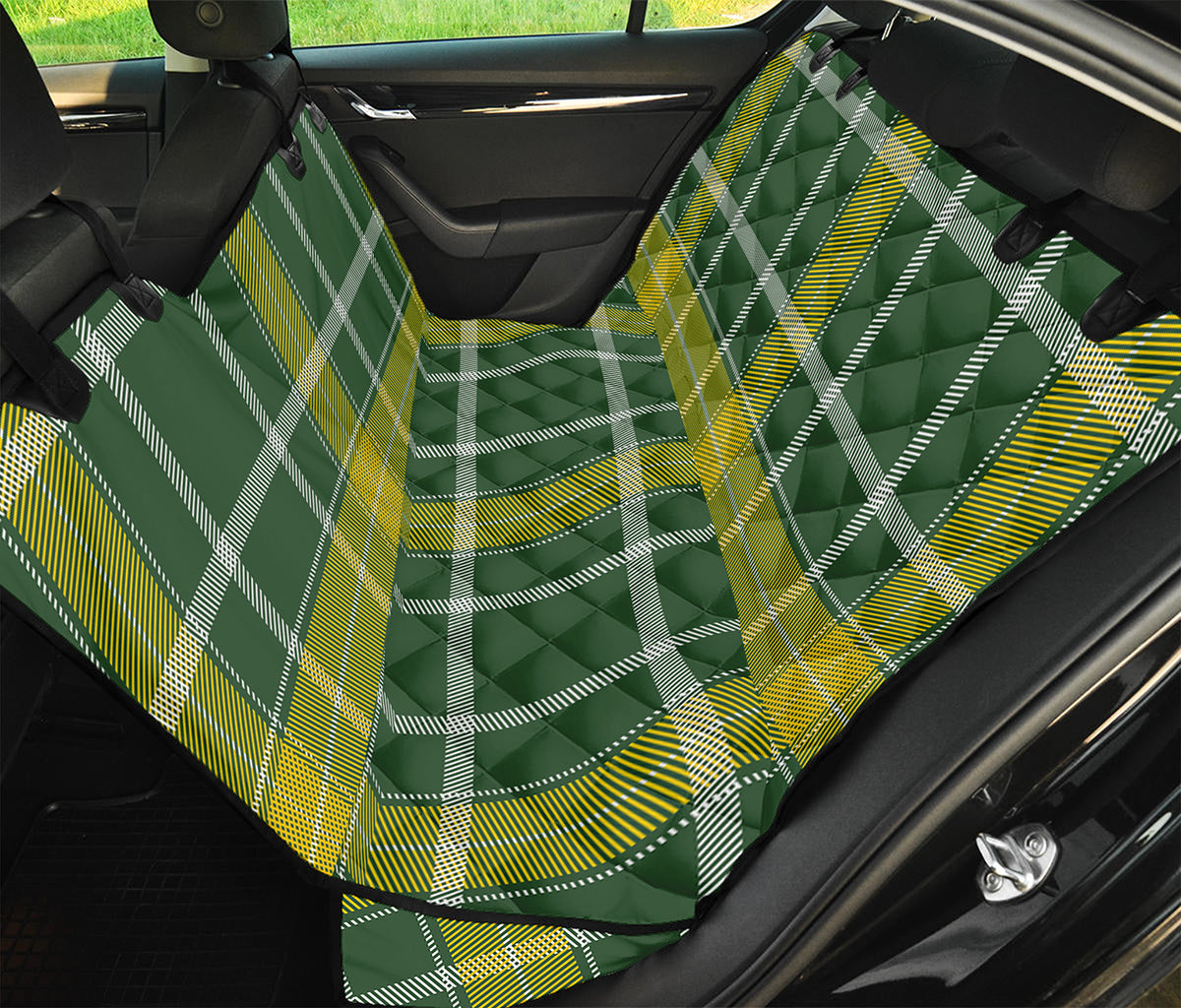 Green And Yellow Stewart Tartan Print Pet Car Back Seat Cover