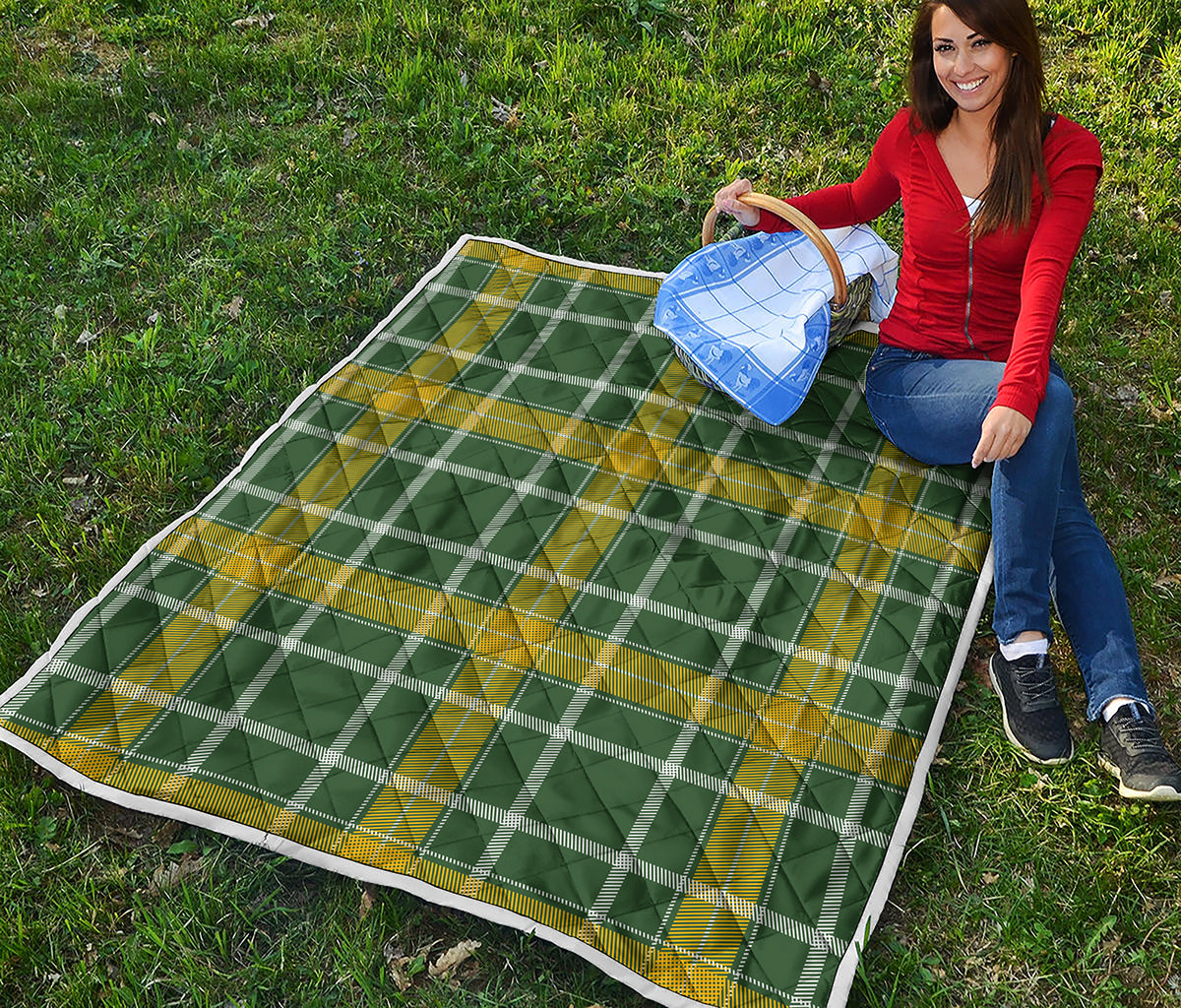 Green And Yellow Stewart Tartan Print Quilt