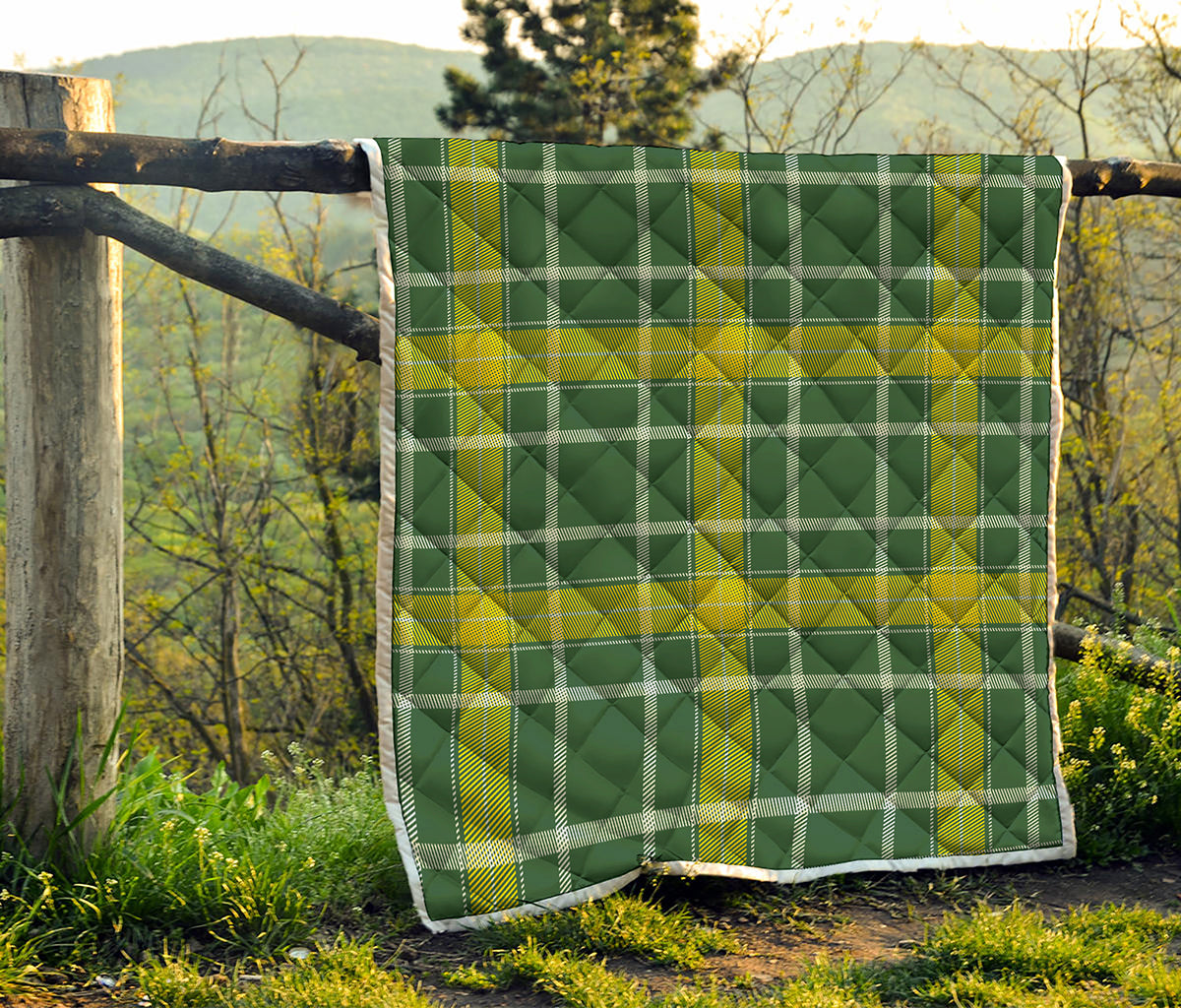 Green And Yellow Stewart Tartan Print Quilt