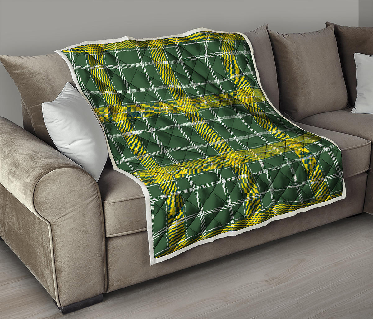 Green And Yellow Stewart Tartan Print Quilt