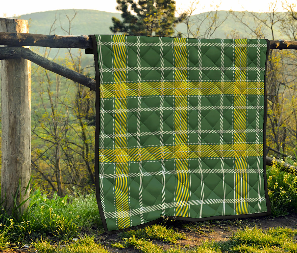 Green And Yellow Stewart Tartan Print Quilt