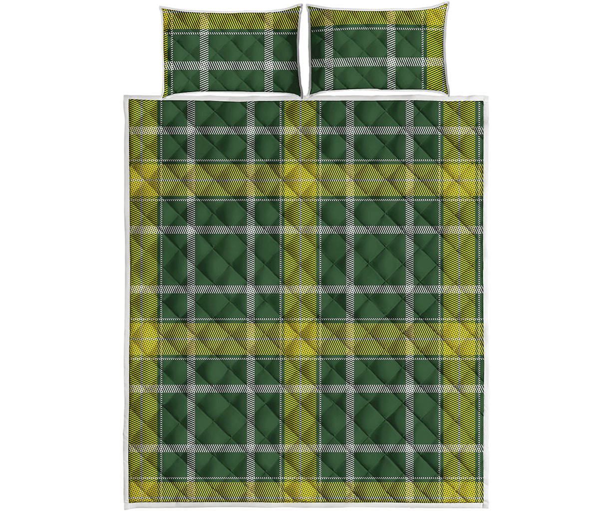 Green And Yellow Stewart Tartan Print Quilt Bed Set