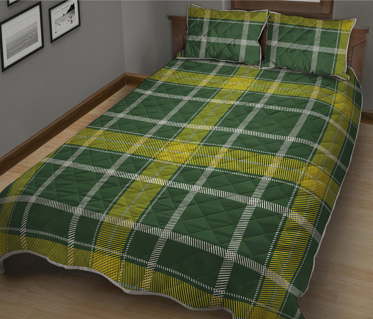 Green And Yellow Stewart Tartan Print Quilt Bed Set