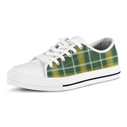 Green And Yellow Stewart Tartan Print White Low Top Shoes