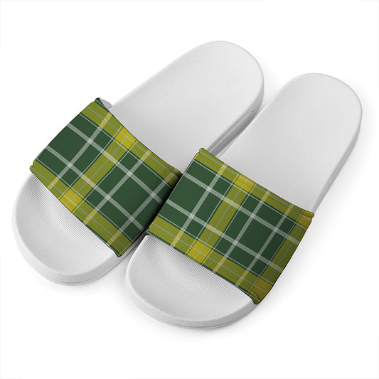 Green And Yellow Stewart Tartan Print White Slide Sandals