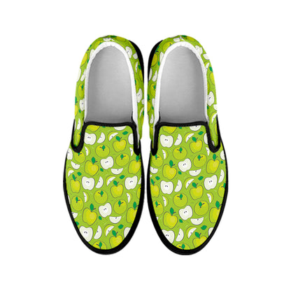 Green Apple Fruit Pattern Print Black Slip On Shoes