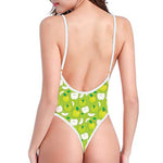 Green Apple Fruit Pattern Print One Piece High Cut Swimsuit
