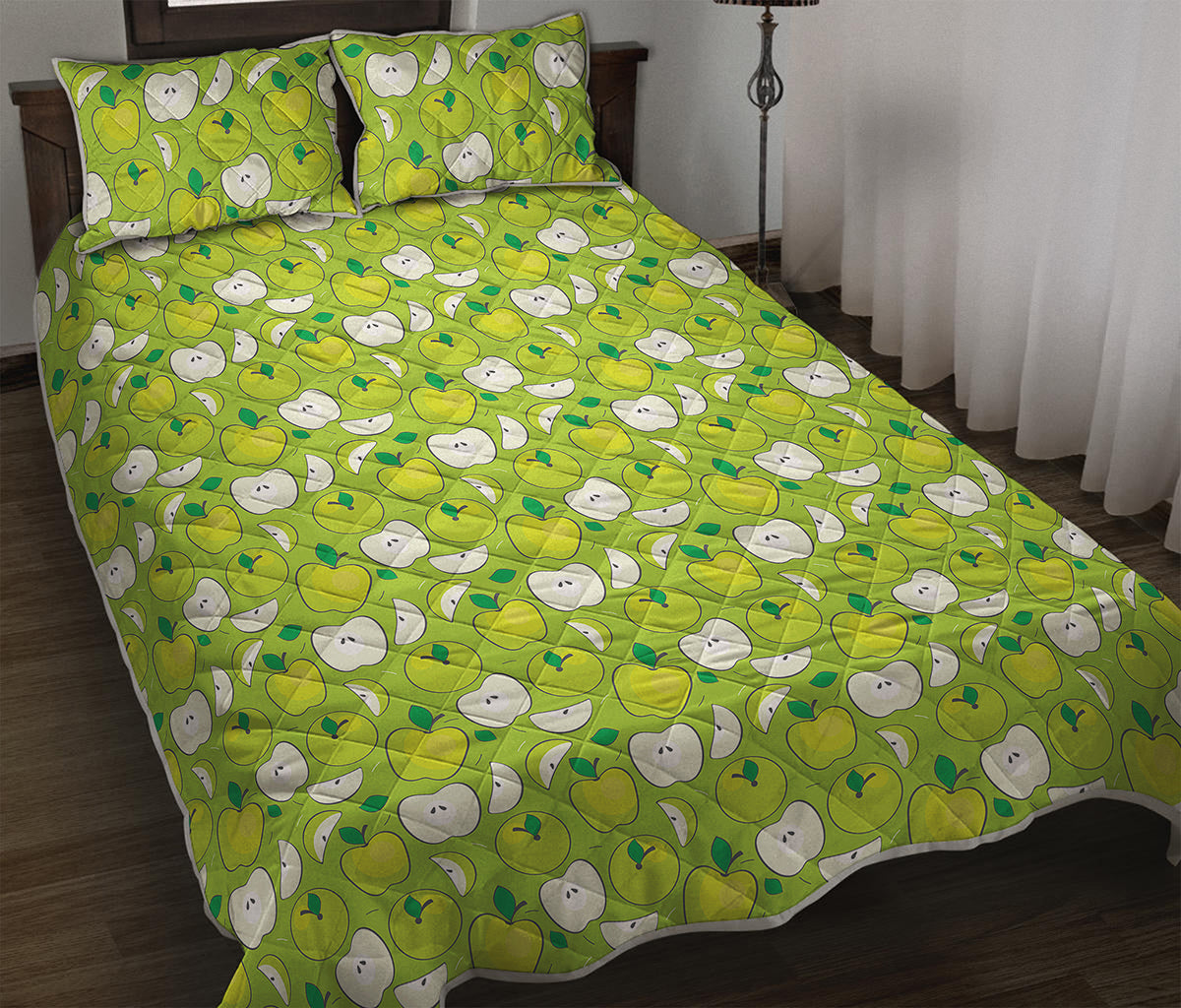 Green Apple Fruit Pattern Print Quilt Bed Set