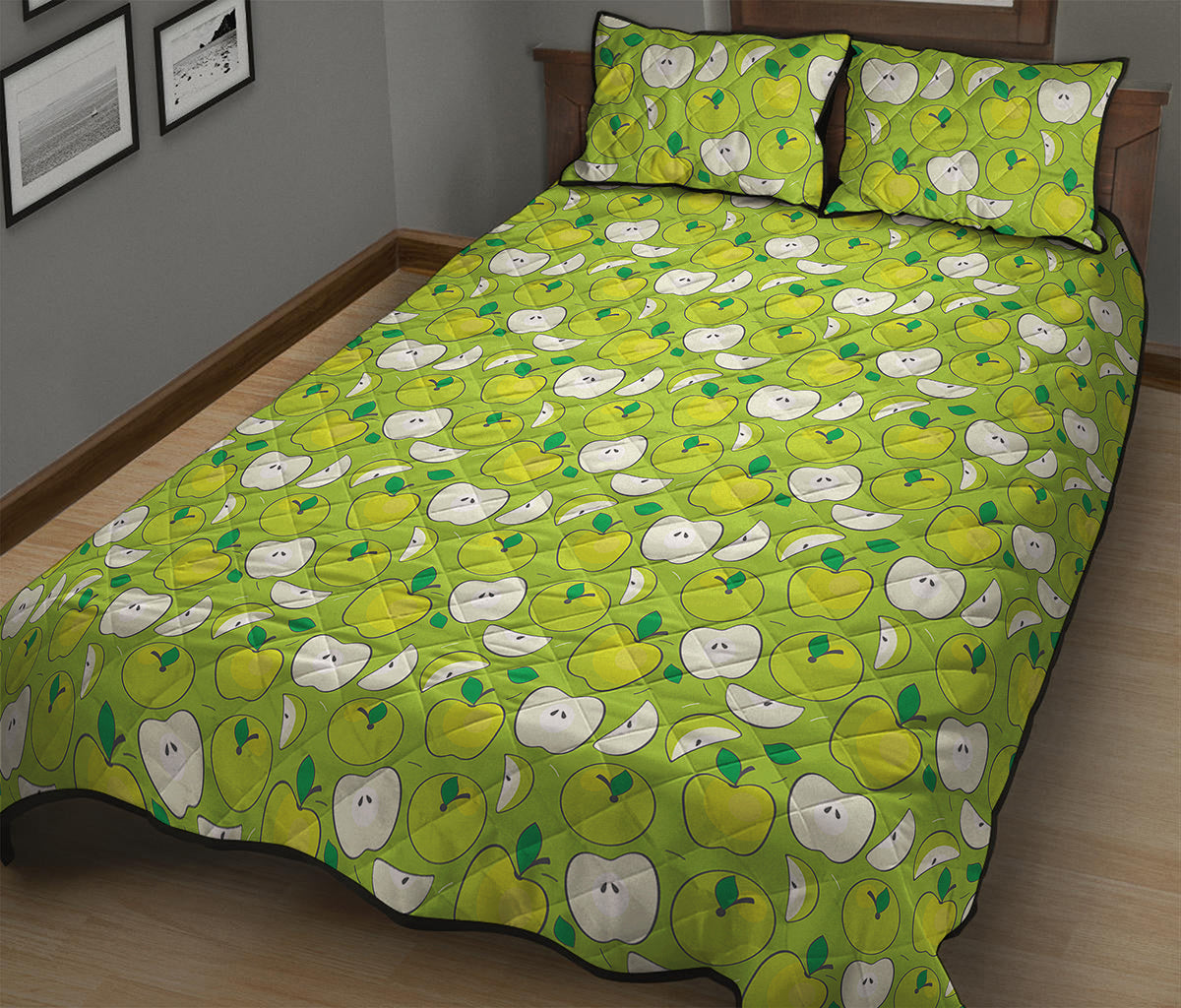 Green Apple Fruit Pattern Print Quilt Bed Set