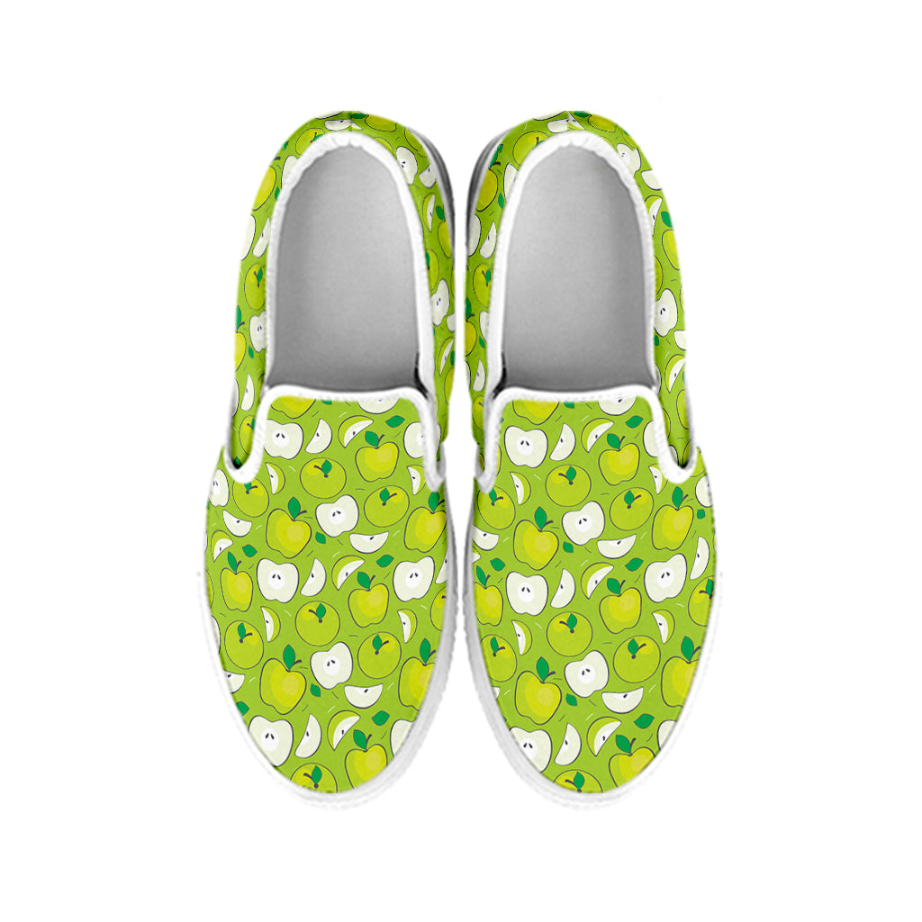Green Apple Fruit Pattern Print White Slip On Shoes