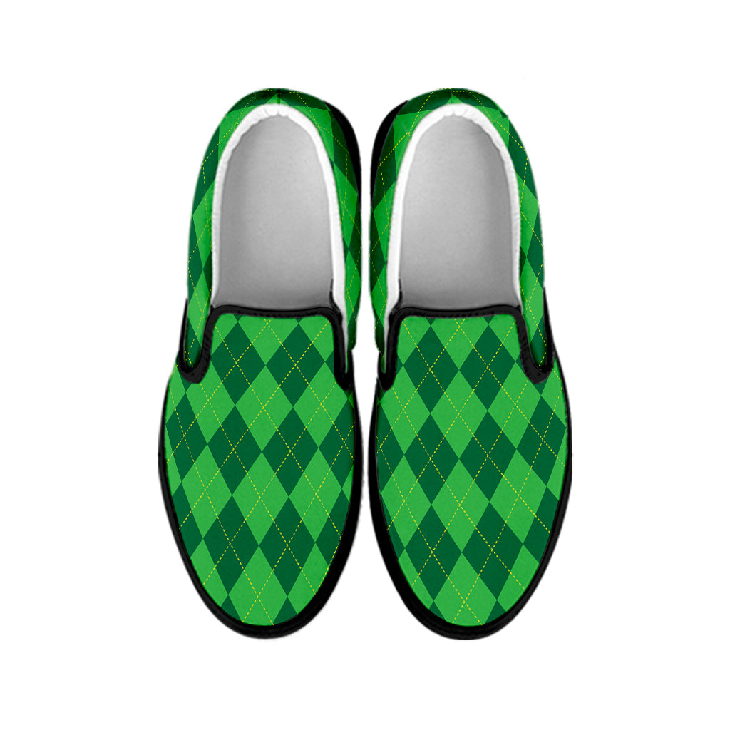Green Argyle Pattern Print Black Slip On Shoes