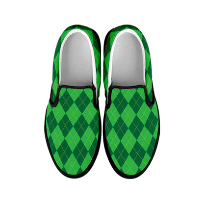 Green Argyle Pattern Print Black Slip On Shoes