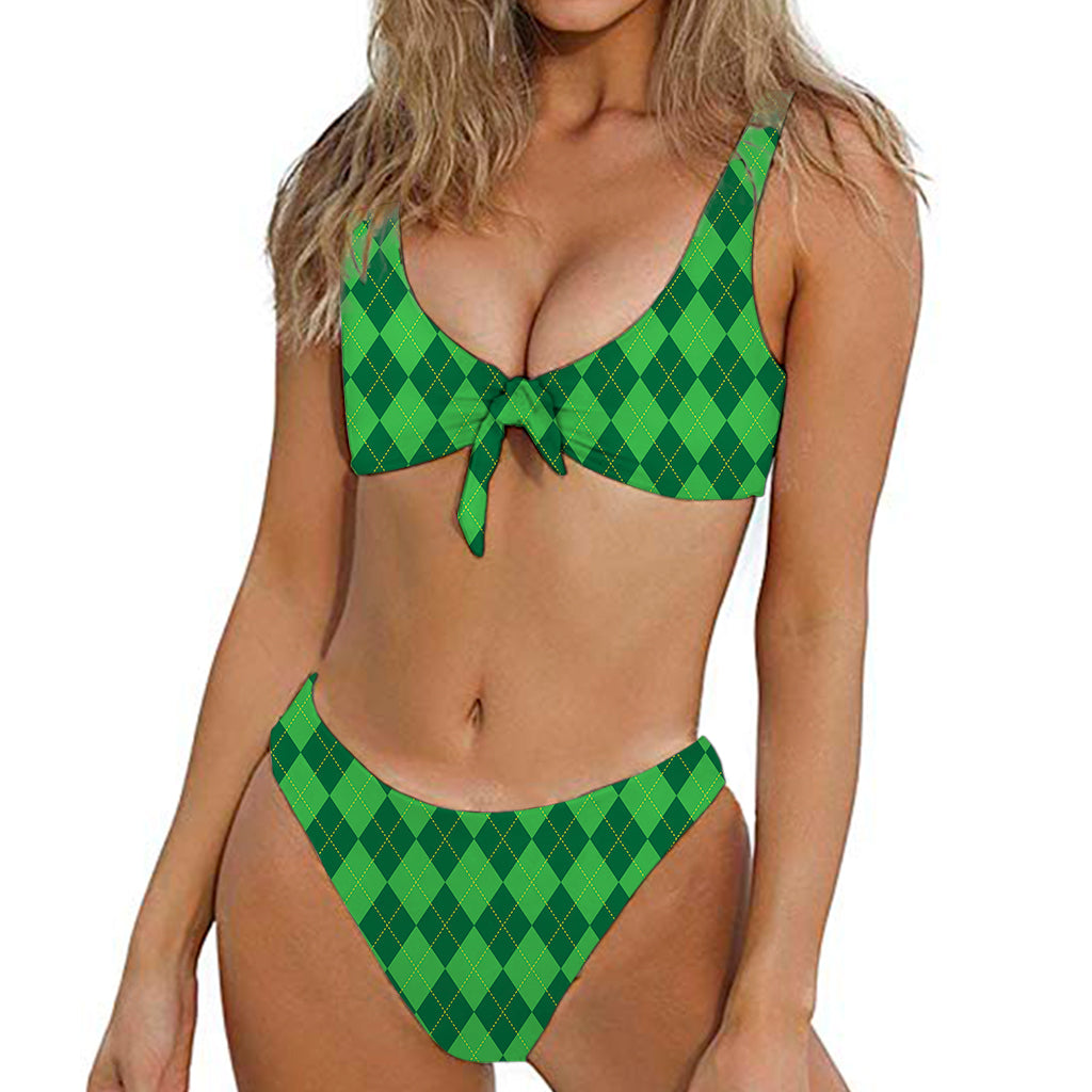 Green Argyle Pattern Print Front Bow Tie Bikini