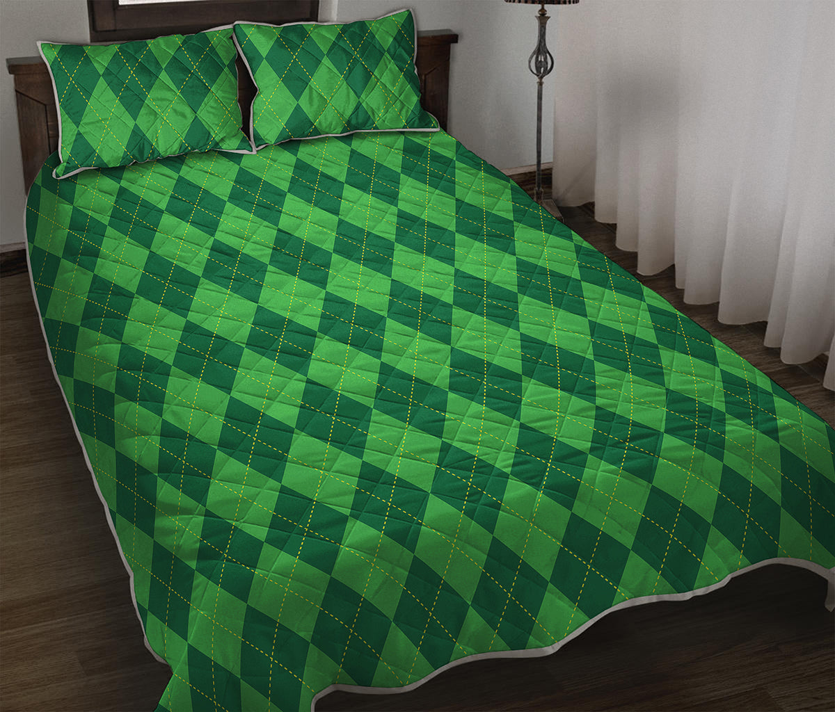 Green Argyle Pattern Print Quilt Bed Set