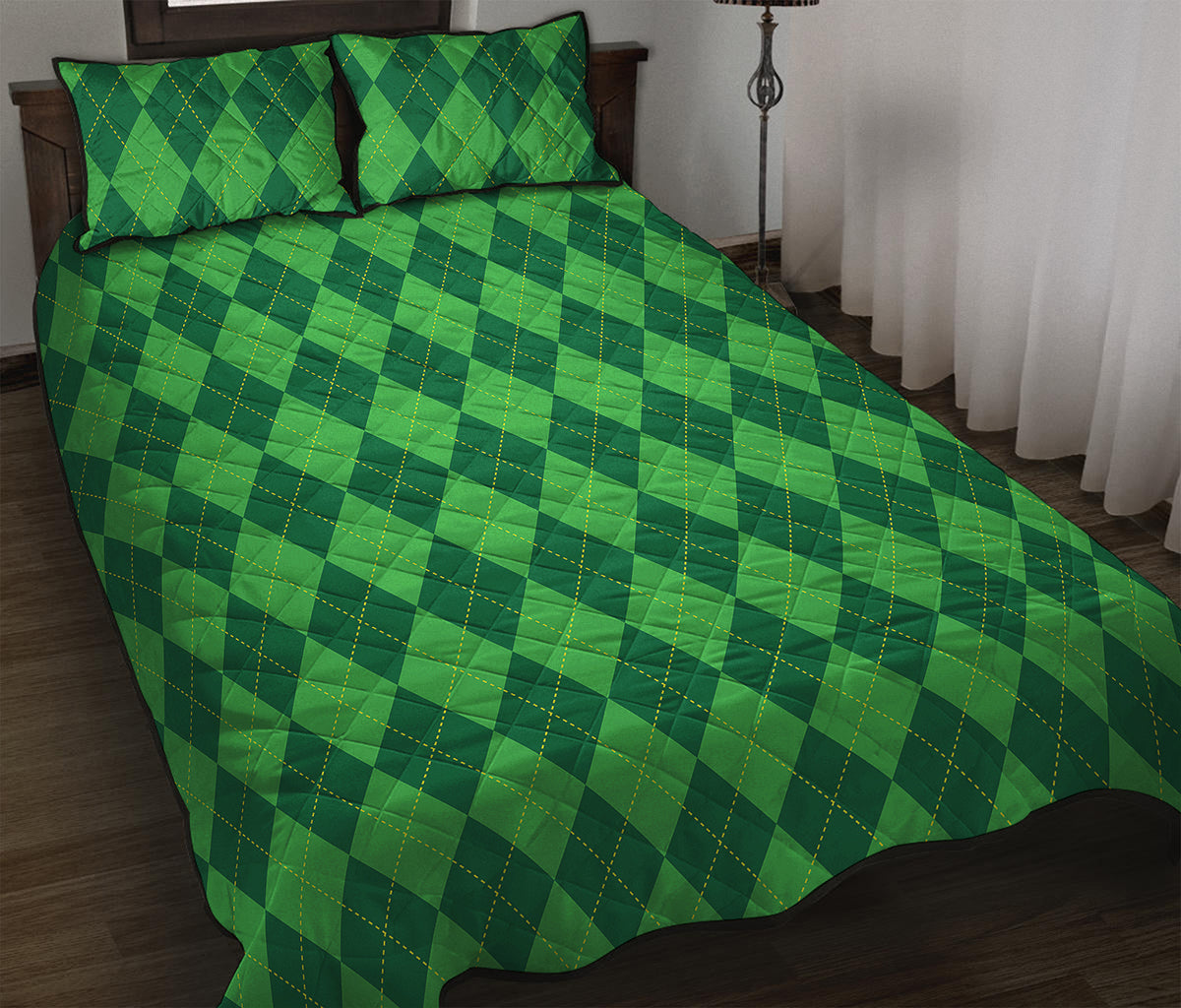 Green Argyle Pattern Print Quilt Bed Set