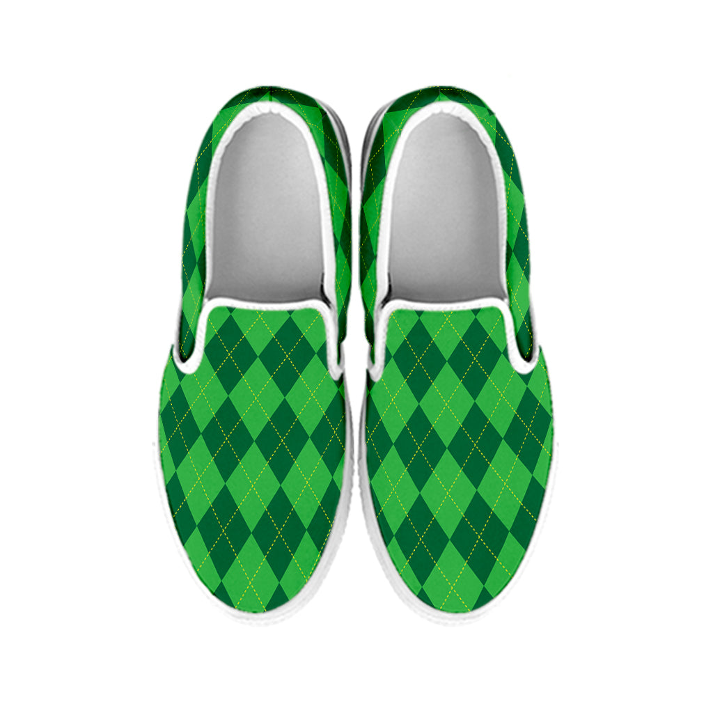 Green Argyle Pattern Print White Slip On Shoes
