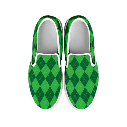 Green Argyle Pattern Print White Slip On Shoes