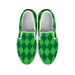 Green Argyle Pattern Print White Slip On Shoes