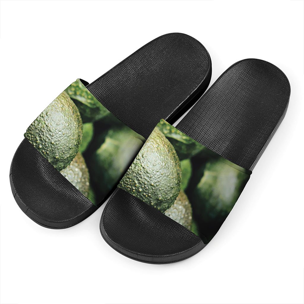 Green Avocado Print Black Slide Sandals