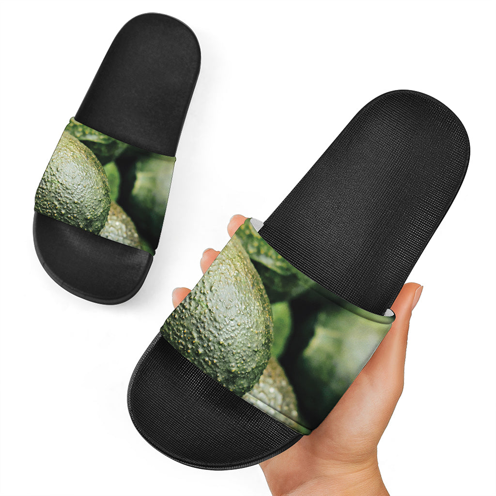 Green Avocado Print Black Slide Sandals