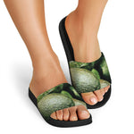 Green Avocado Print Black Slide Sandals