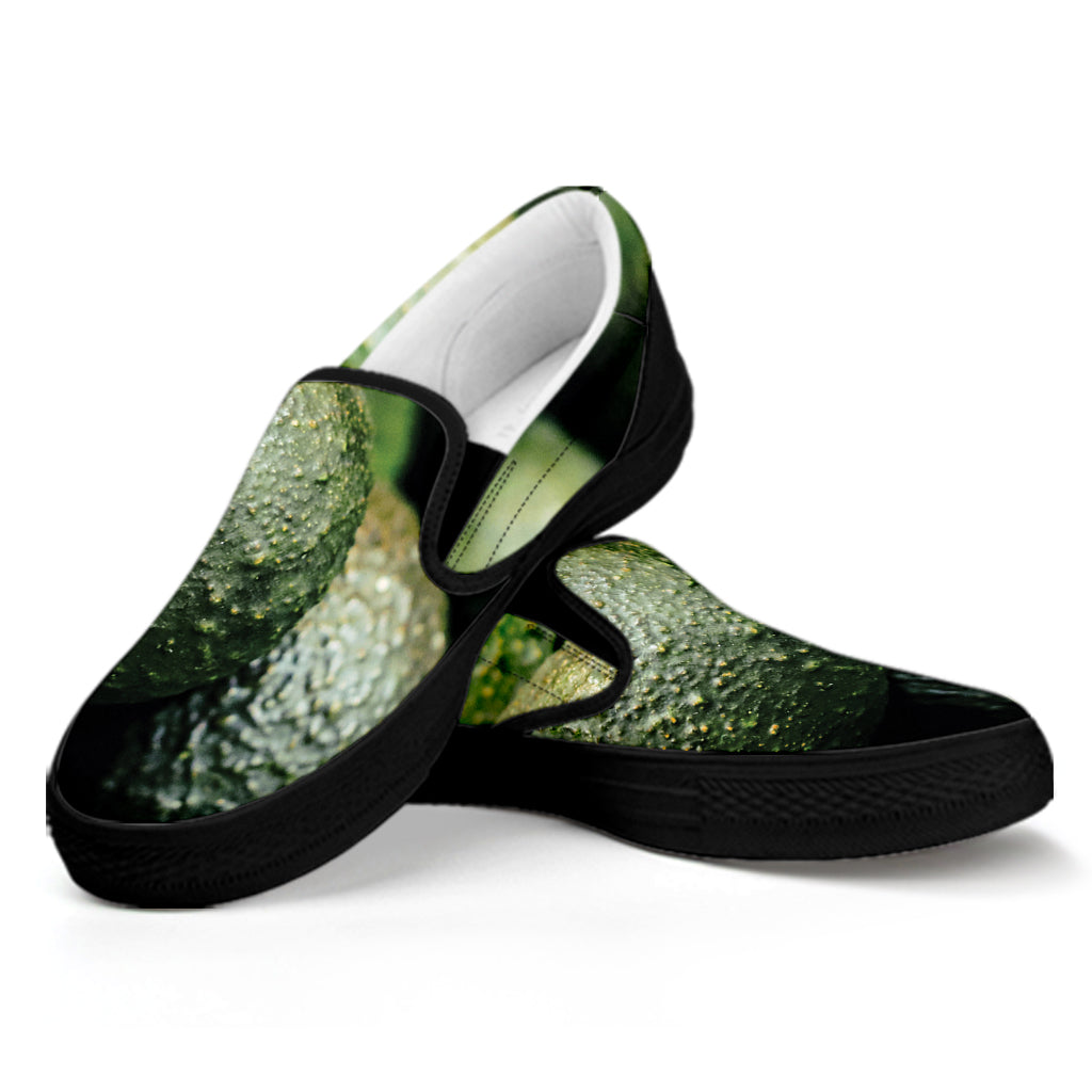 Green Avocado Print Black Slip On Shoes