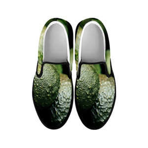 Green Avocado Print Black Slip On Shoes