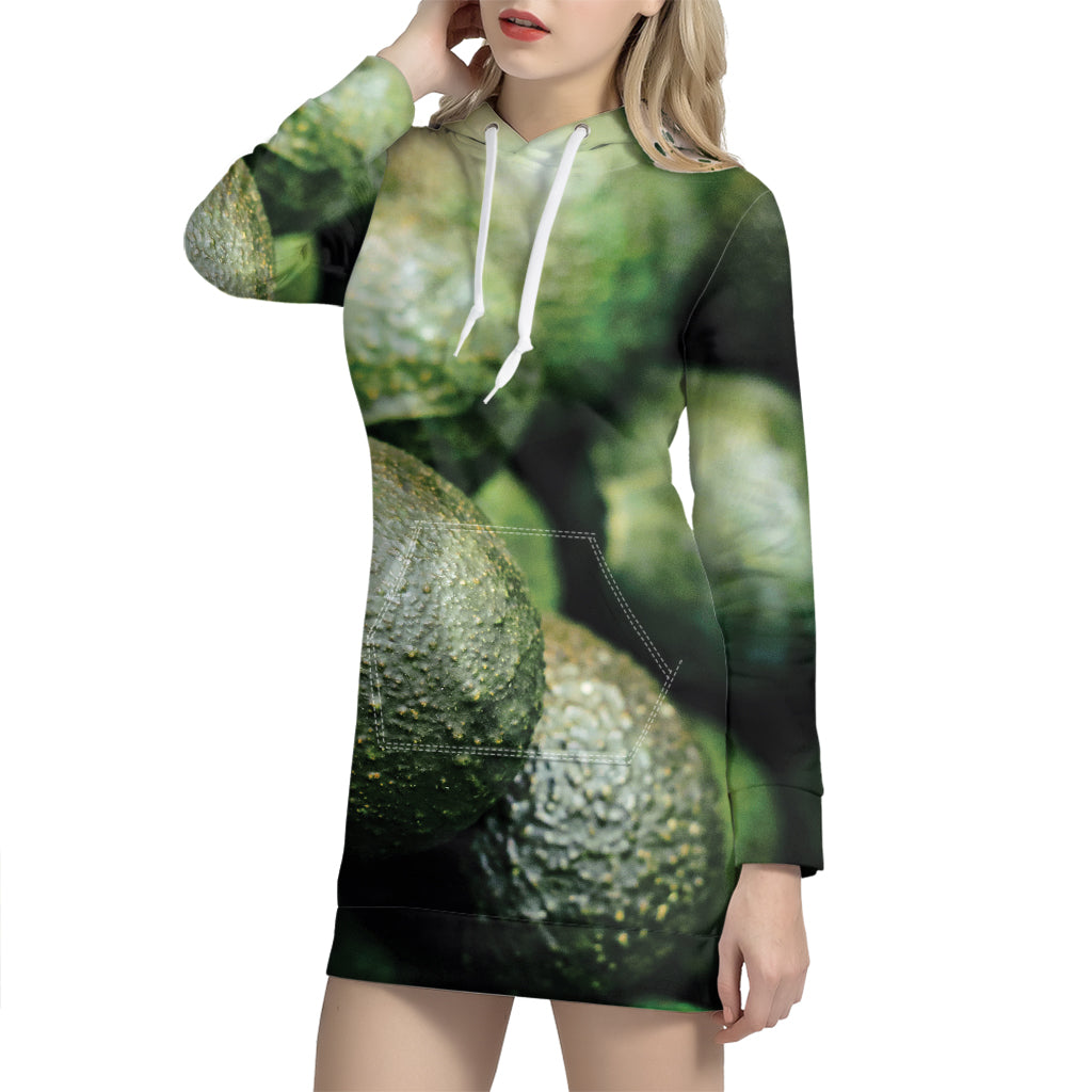 Green Avocado Print Hoodie Dress