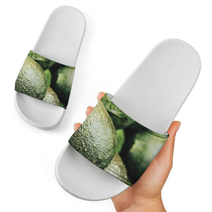 Green Avocado Print White Slide Sandals