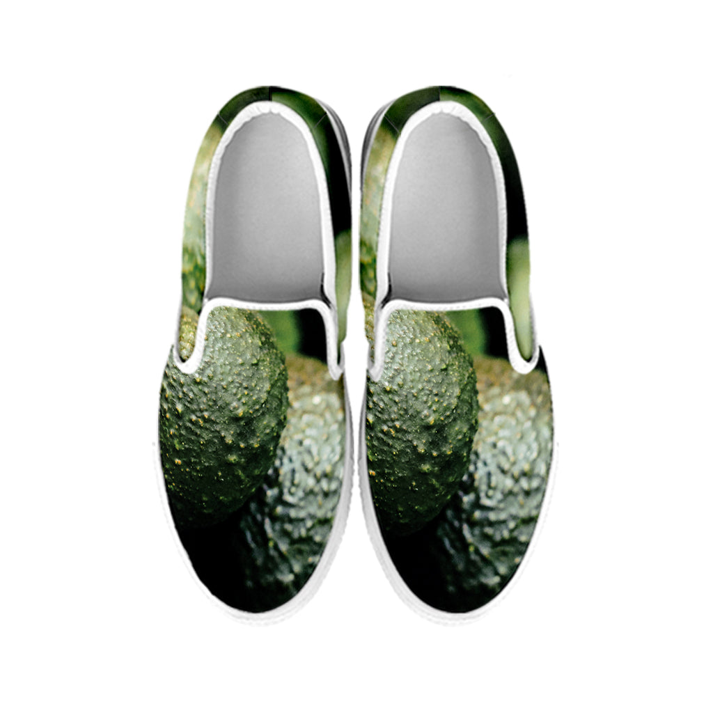 Green Avocado Print White Slip On Shoes