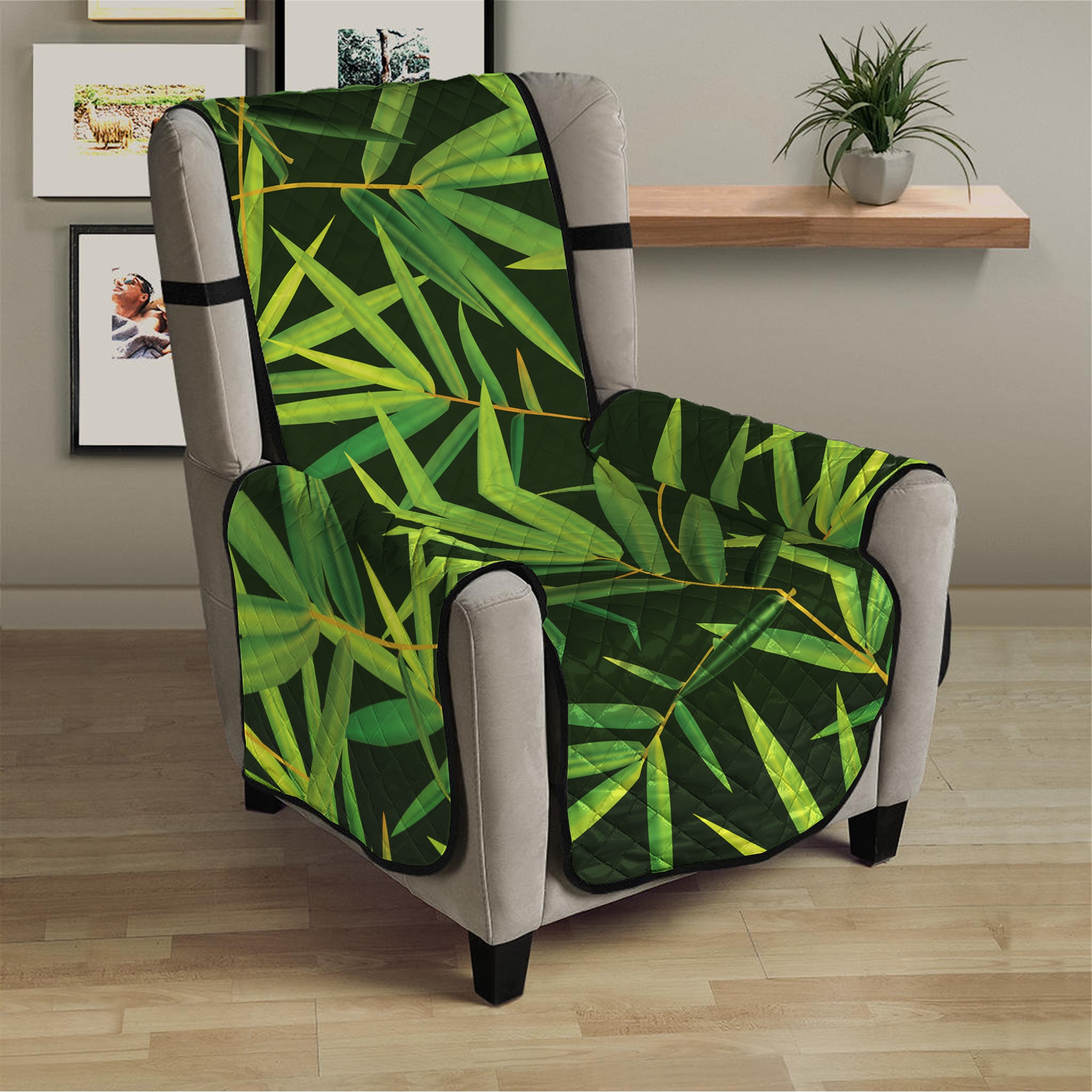 Green Bamboo Leaf Pattern Print Armchair Protector