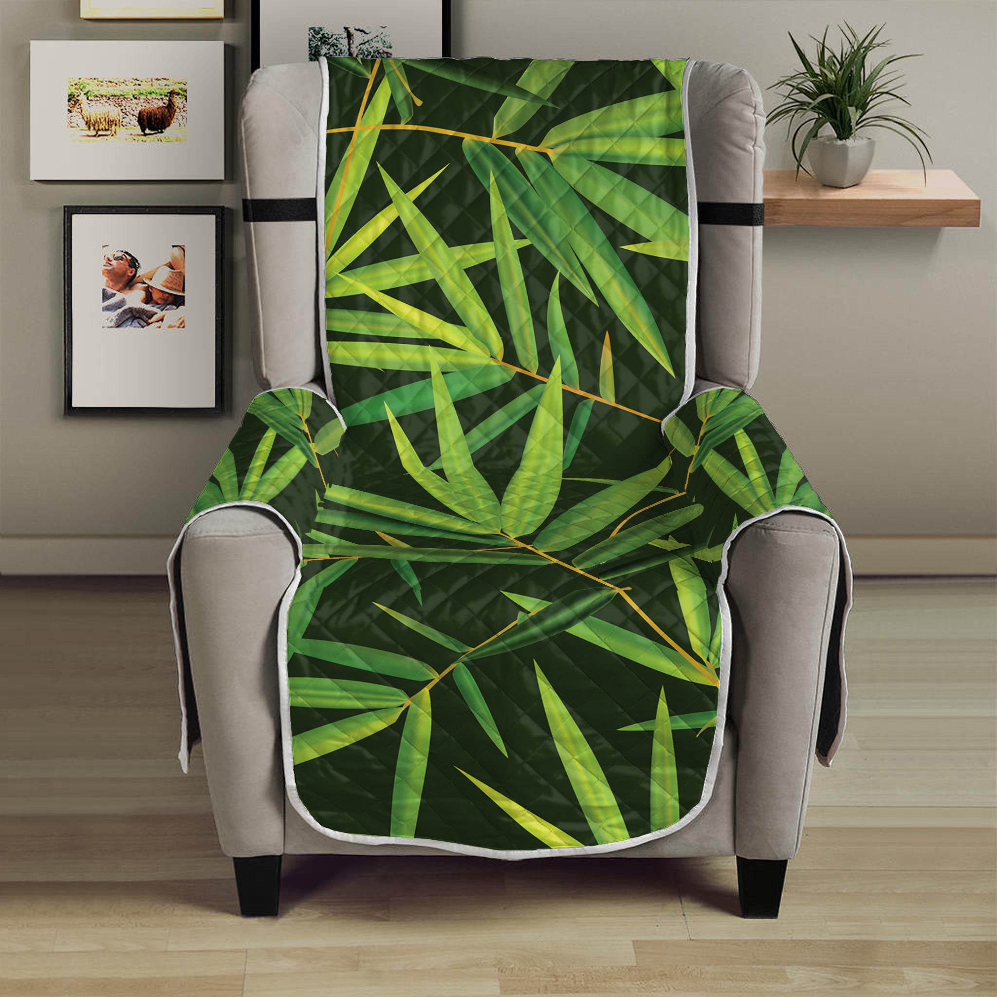 Green Bamboo Leaf Pattern Print Armchair Protector