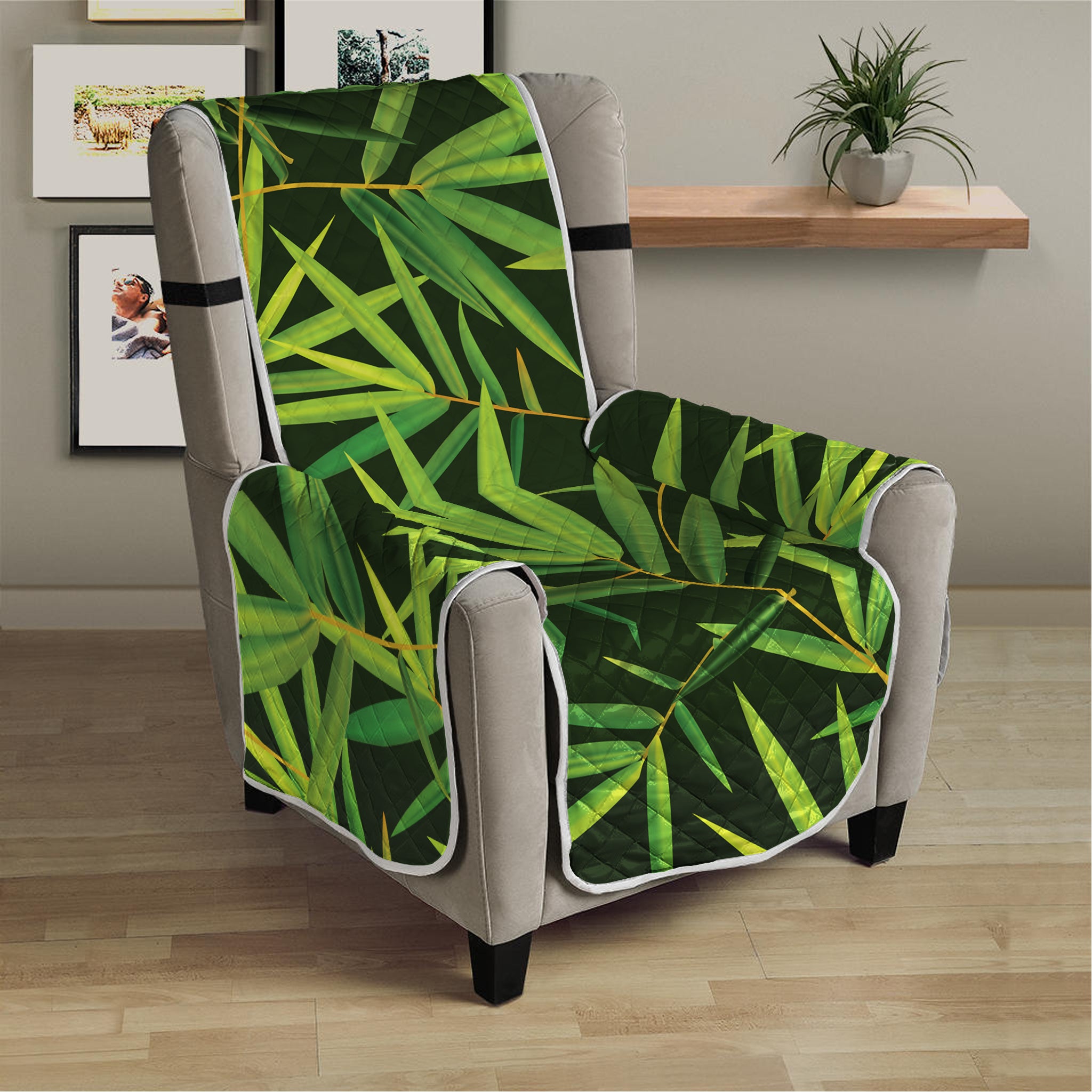 Green Bamboo Leaf Pattern Print Armchair Protector