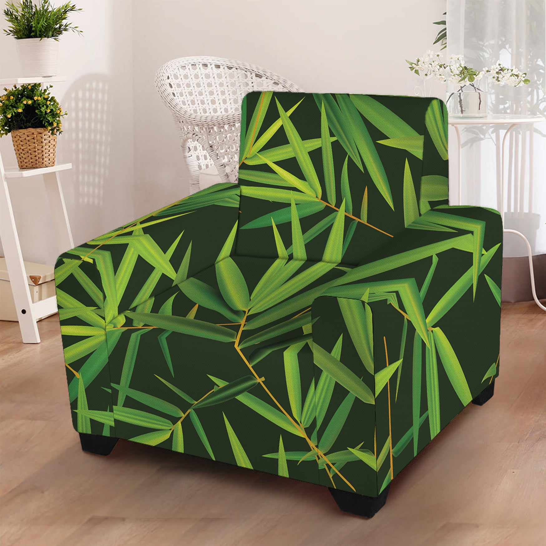 Green Bamboo Leaf Pattern Print Armchair Slipcover