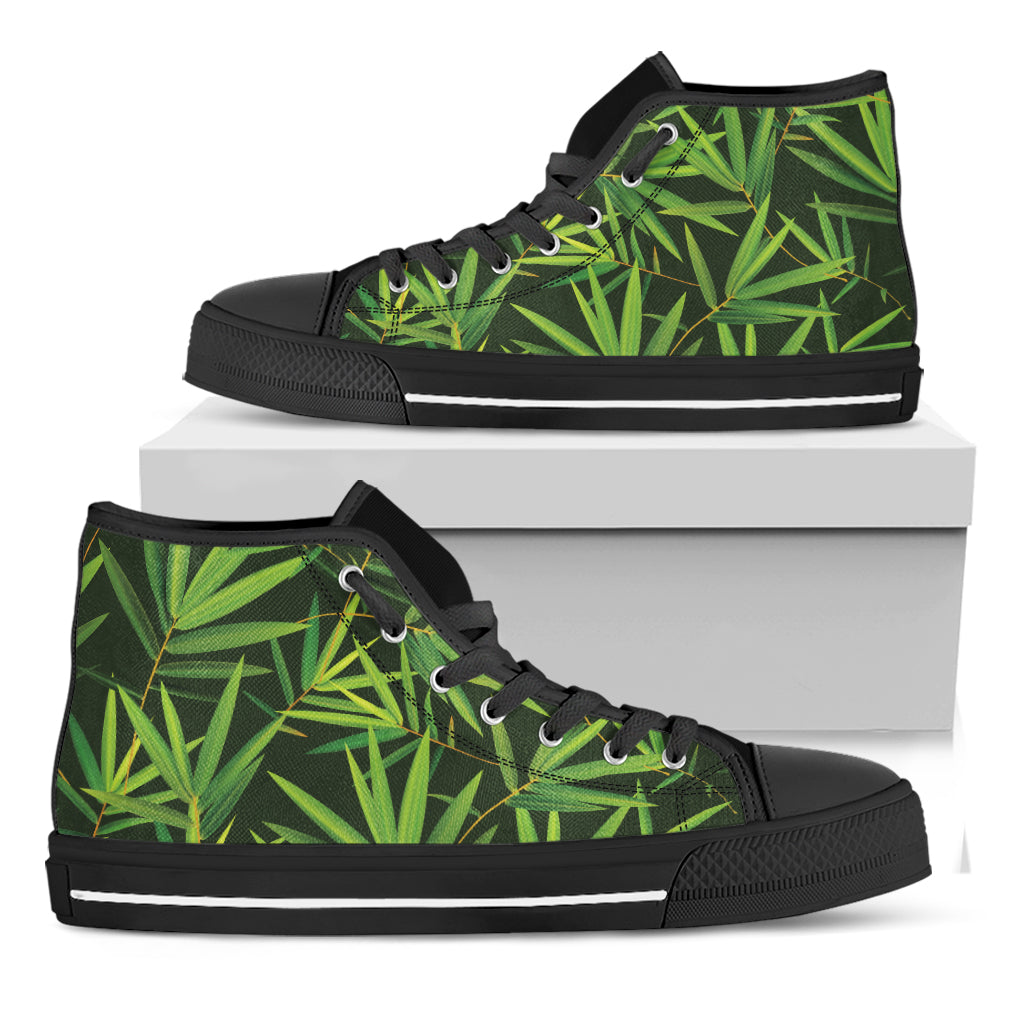 Green Bamboo Leaf Pattern Print Black High Top Shoes